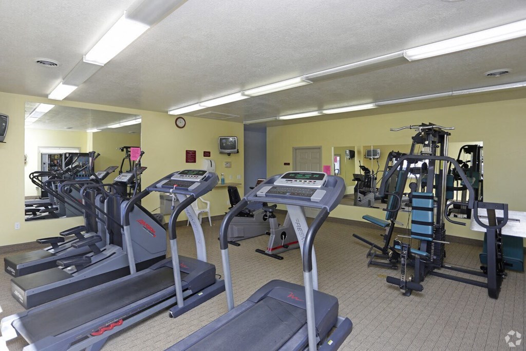 a gym with various machines and weights in a building