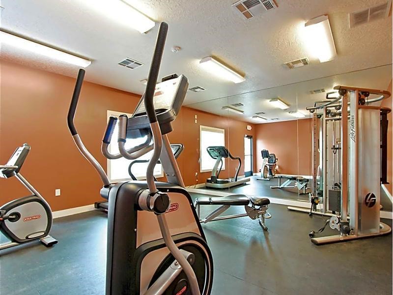 A gym with a treadmill, elliptical trainer and a weight machine.