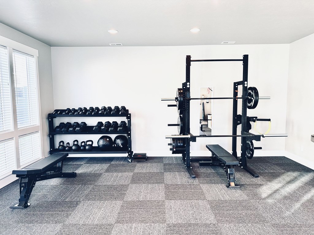 a fitness room with weights and a rack of dumbbells