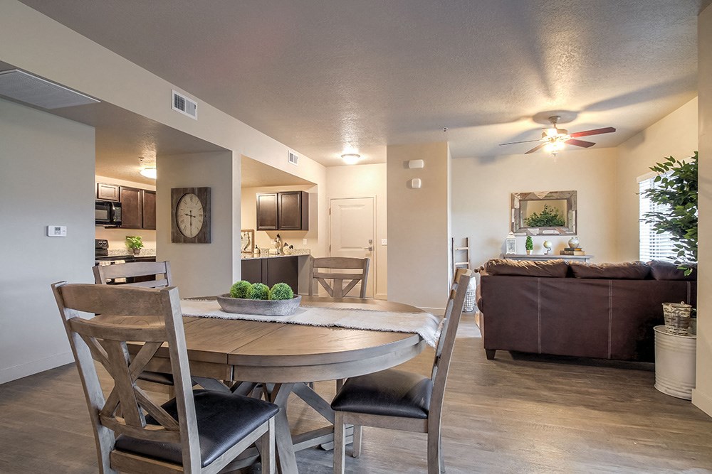 an open floor plan with a dining table and chairs and a living room with a couch and