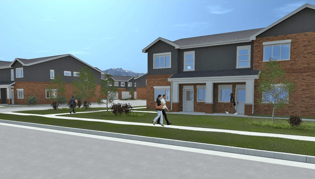 a rendering of a group of houses on a street with people walking