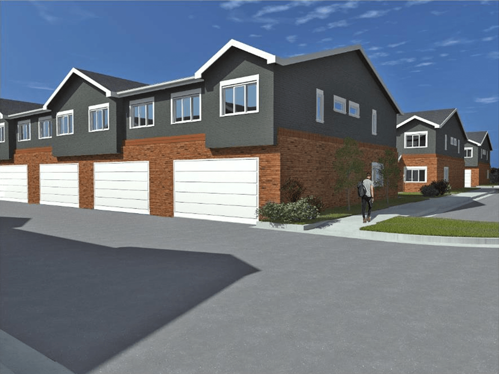 a rendering of a house with a white garage door