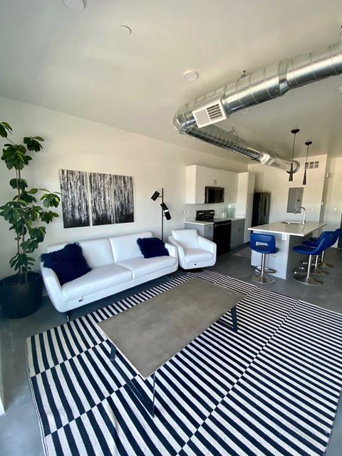a living room with a white couch and a black and white rug