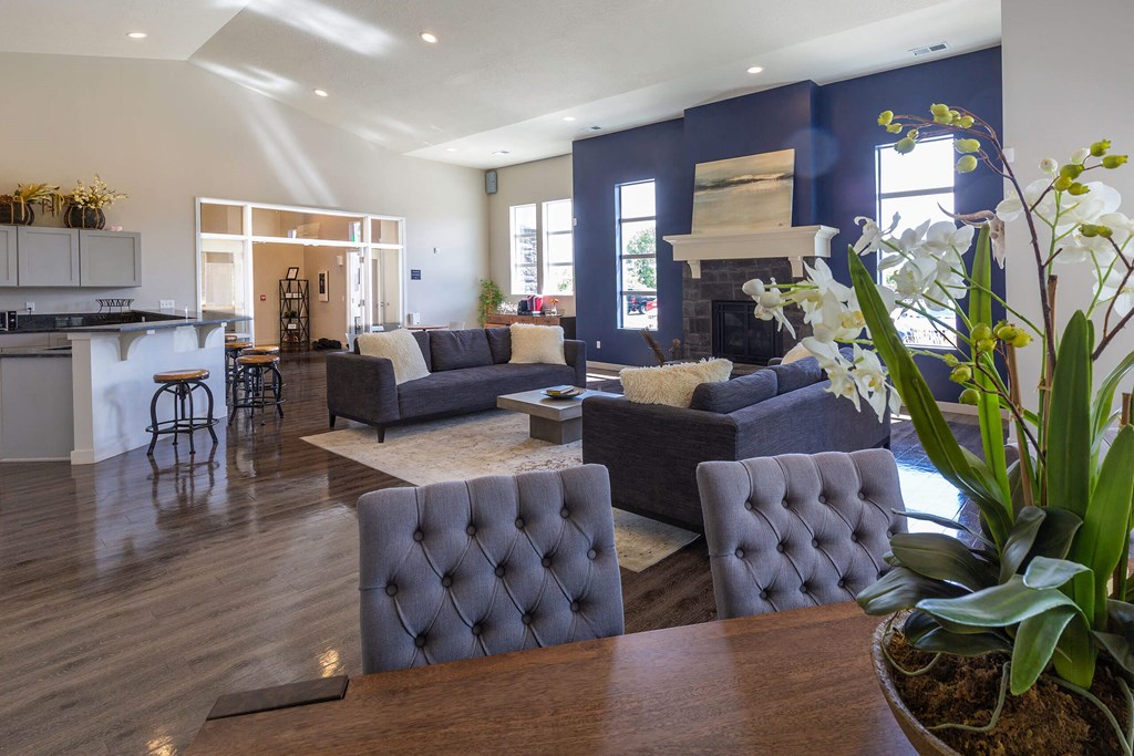 a living room with a blue accent wall and hardwood floors