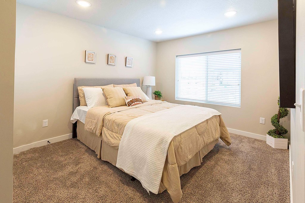 a bedroom with a bed and a window