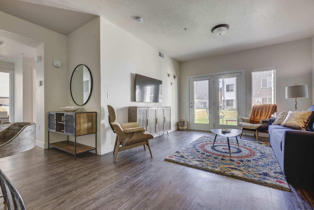a living room with a couch and a tv