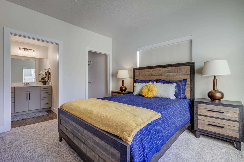 a bedroom with a bed and a closet