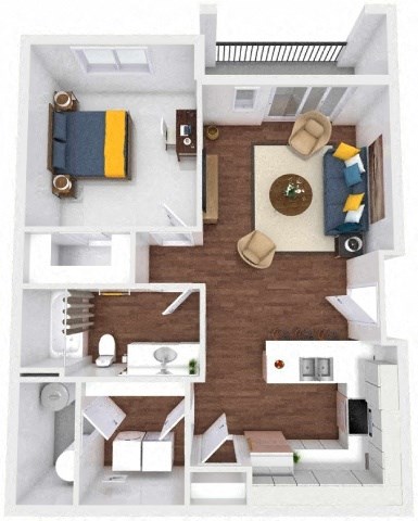 A top-down view of a small apartment with a living area, kitchen, and bedroom.