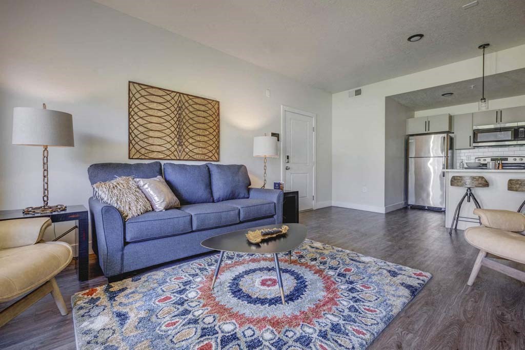 A living room with a blue couch and a rug with a circular design.