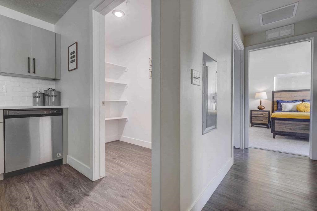A modern kitchen with a dishwasher and a stove top oven.