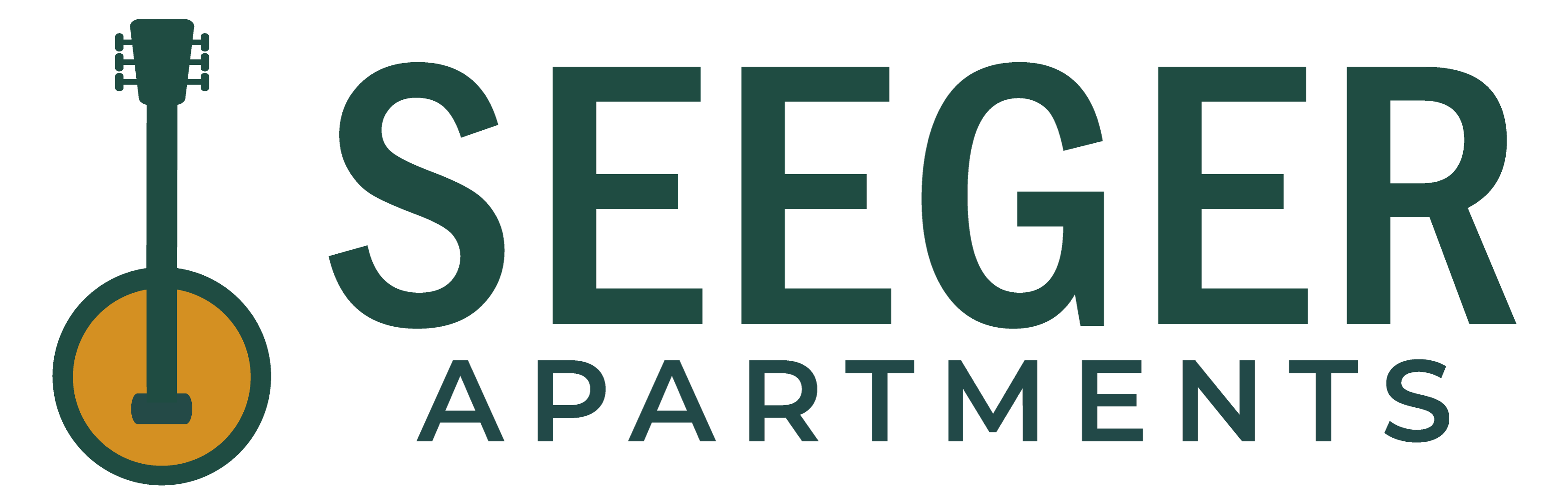 A logo for Seeger Apartments featuring a guitar.