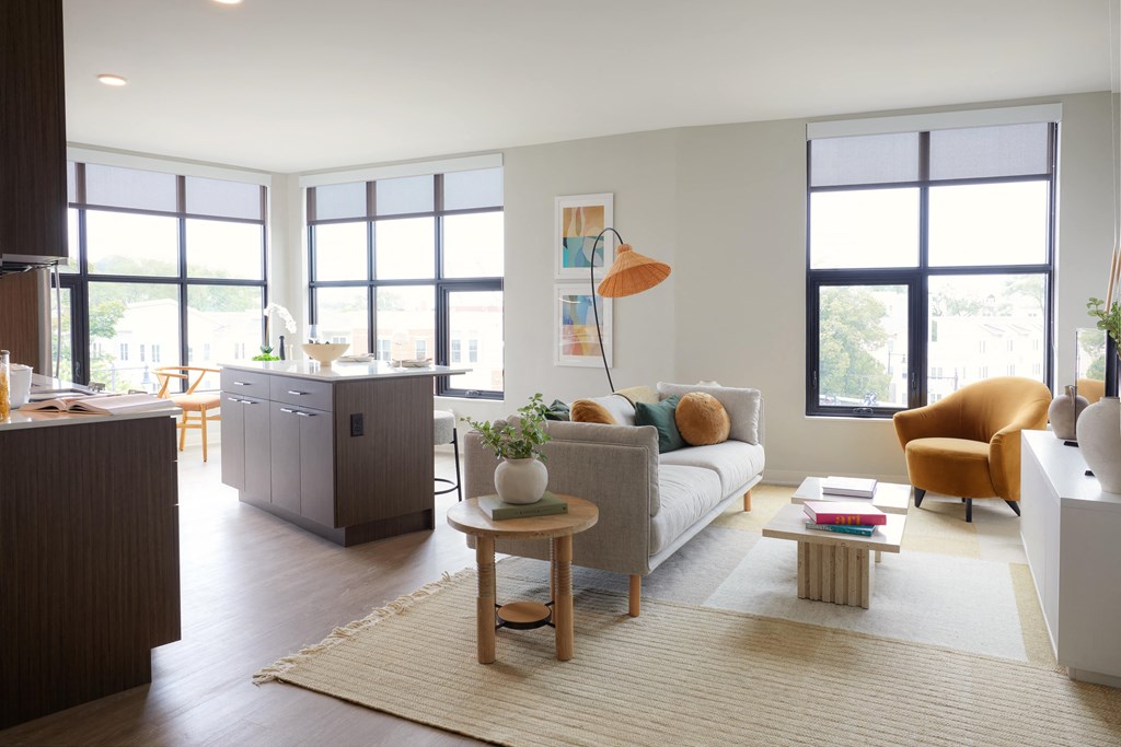 a living room with a couch and a table