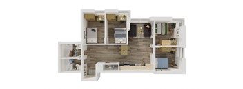 a floor plan of a studio apartment with wood floors and a wooden wall