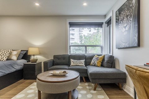 A living room with a grey couch, a bed, a table, and a painting on the wall.