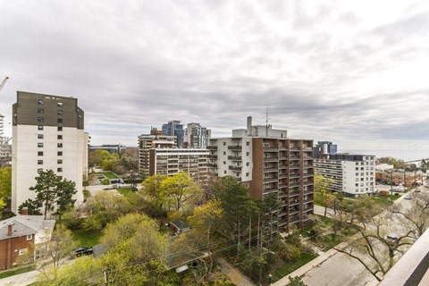 A cityscape with buildings and trees in the foreground.