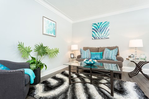 A living room with a grey couch and a zebra print rug.