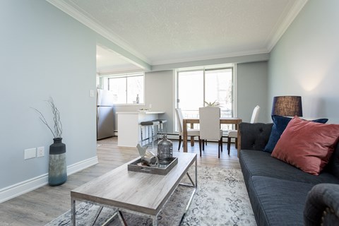 A living room with a grey couch and a coffee table.