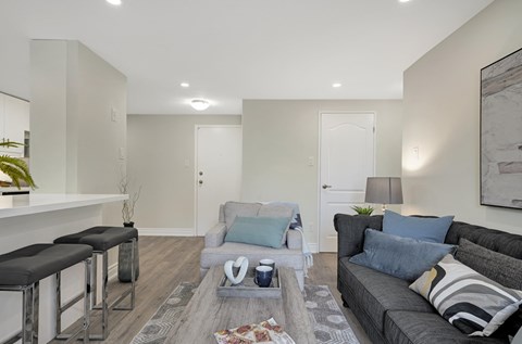 A modern living room with a grey couch and a coffee table.