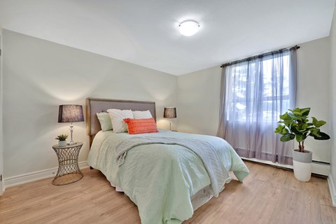 A bedroom with a bed, a nightstand, and a potted plant.