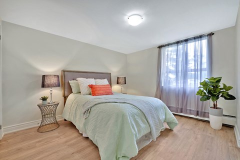 A bedroom with a bed, a nightstand, and a potted plant.