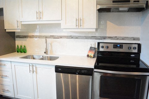 A modern kitchen with a stainless steel dishwasher and oven.