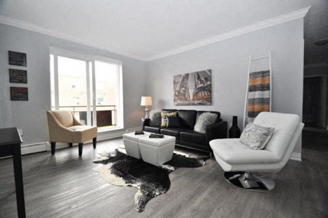 A living room with a black and white color scheme.