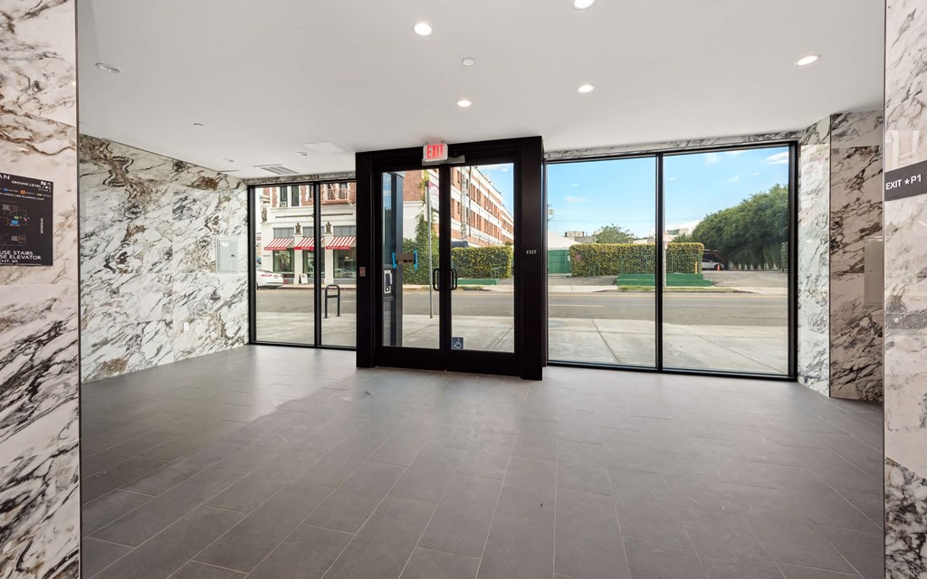 a view of the lobby from the inside of the building