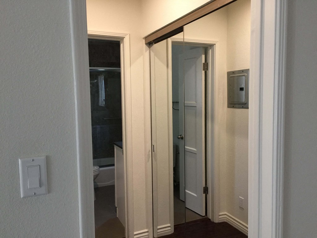 a view of the bathroom from the living room