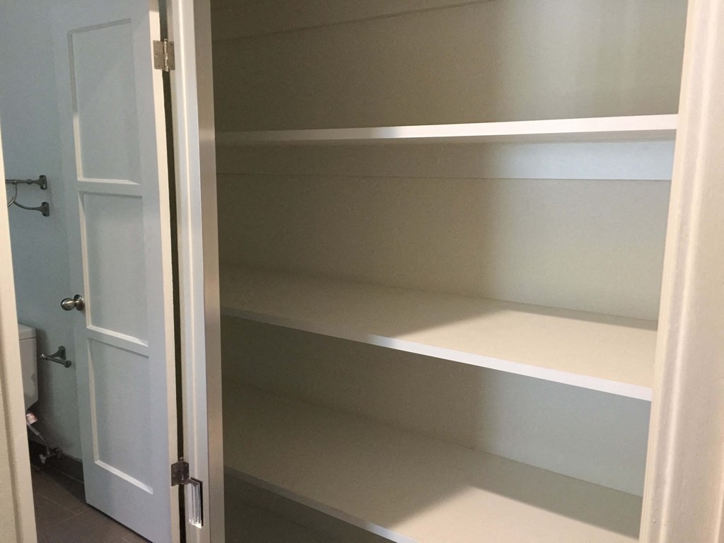 a shelf in a closet with a door that is open