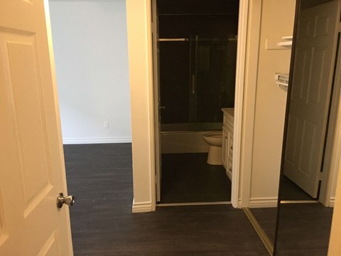 a view of the bathroom from the living room