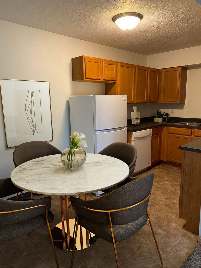 a kitchen with a white refrigerator freezer next to a table with four chairs
