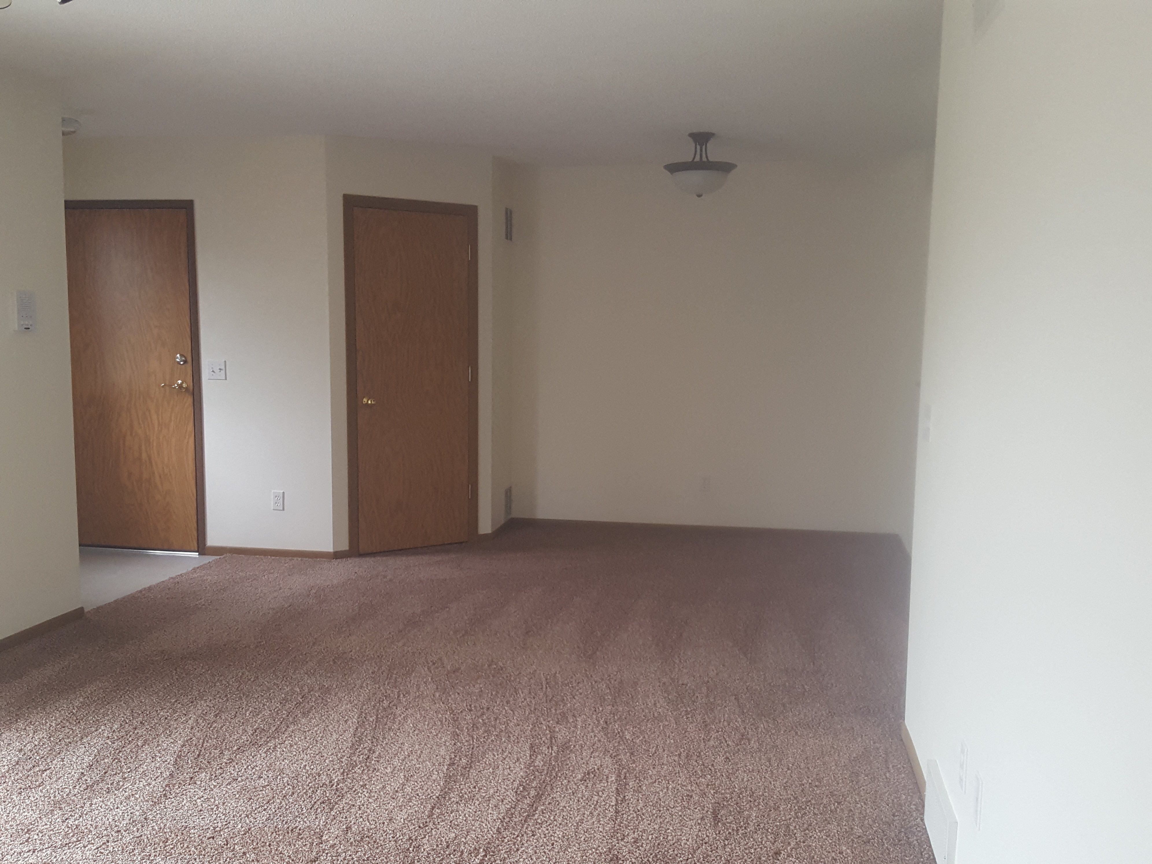 an empty living room with carpet and a door