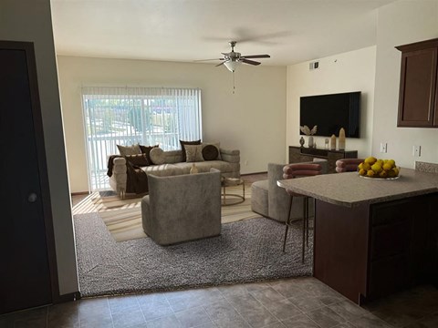 a living room with a couch and a table
