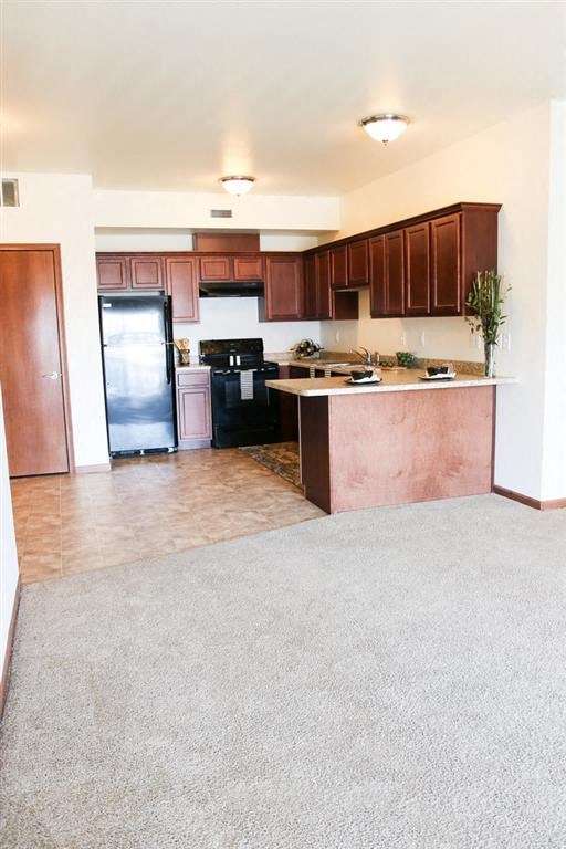 a kitchen with a refrigerator a stove and a sink