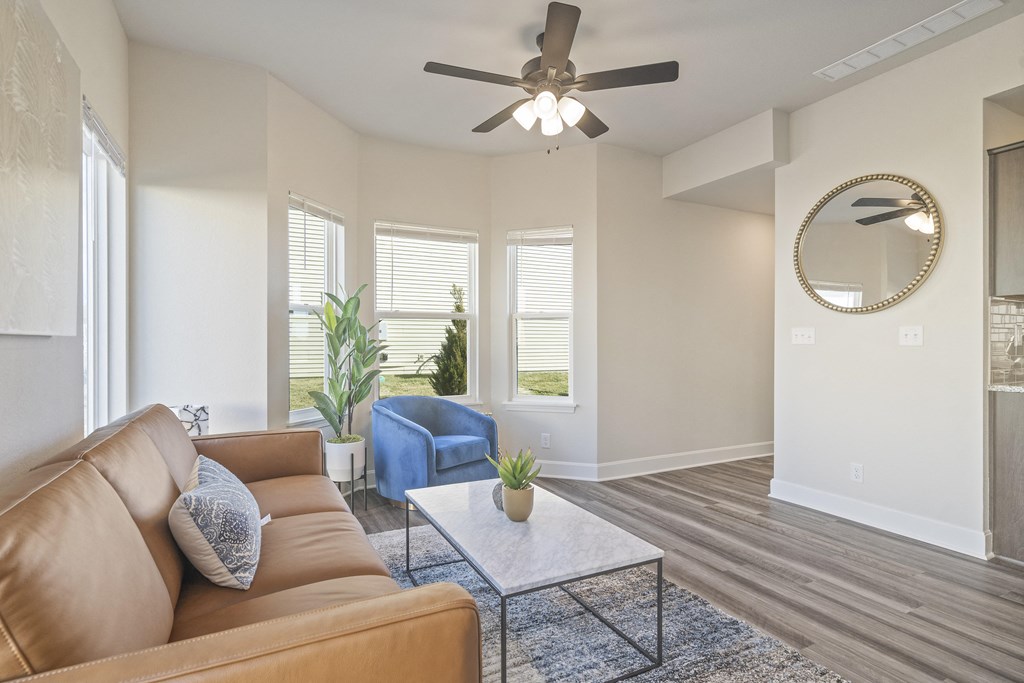a living room with a couch and a coffee table