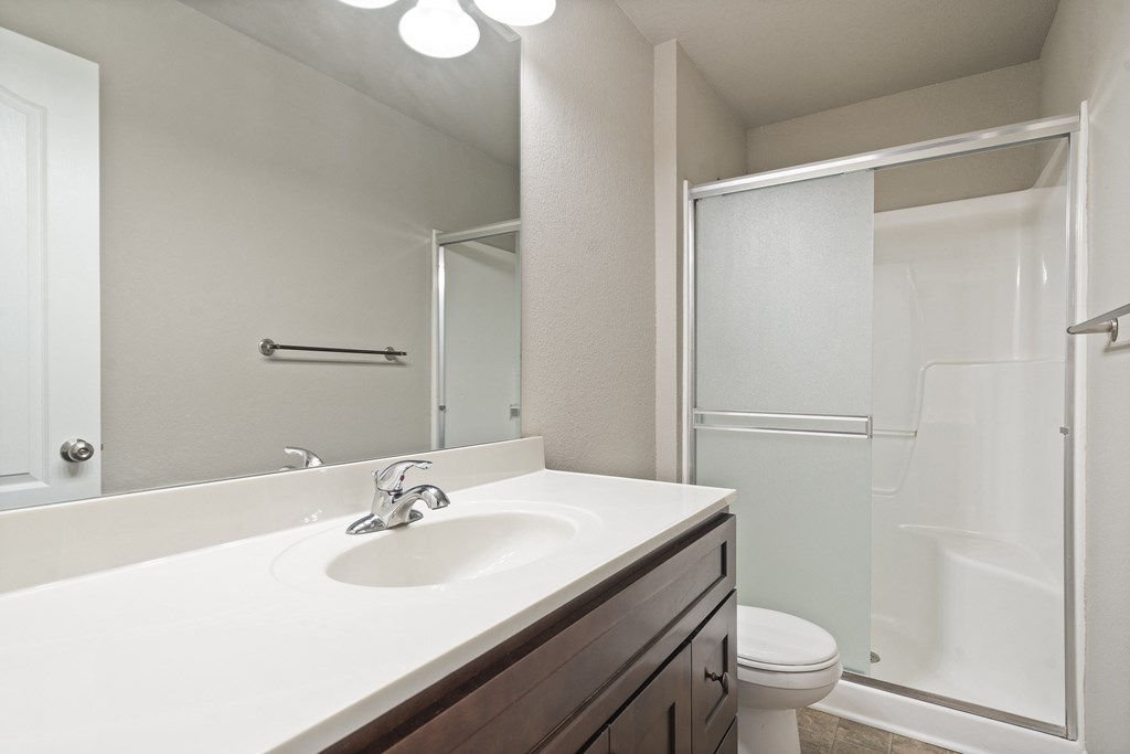 a bathroom with a sink and a shower and a toilet