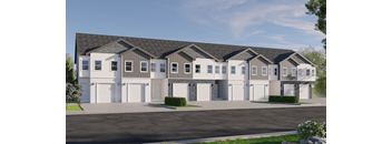 a rendering of a row of houses with a street in front of them