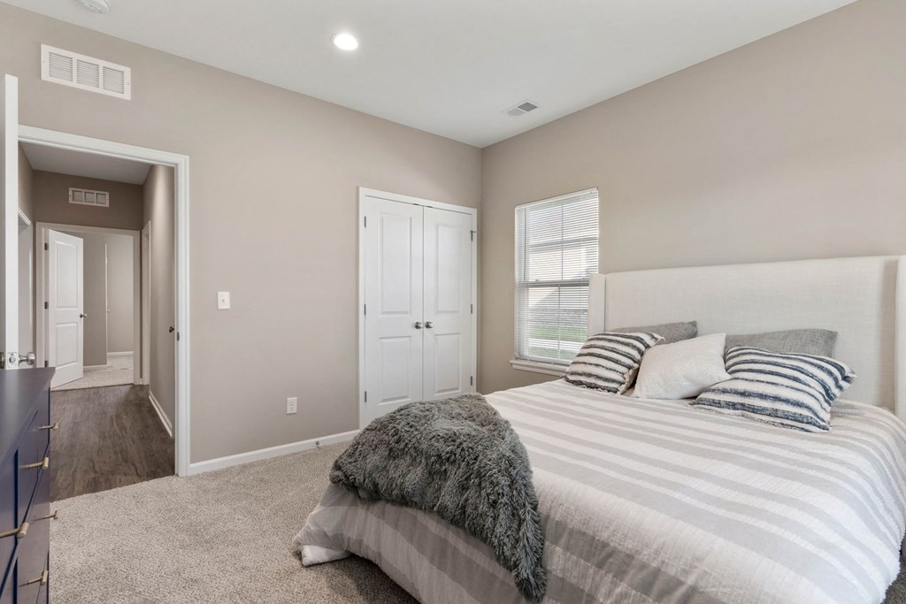 a bedroom with a bed and a closet