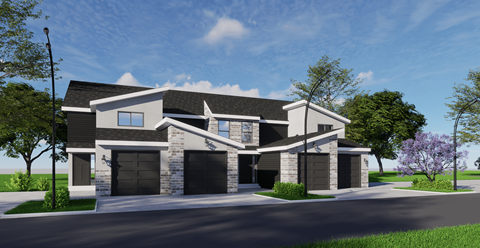 A modern house with a black roof and a large front yard.