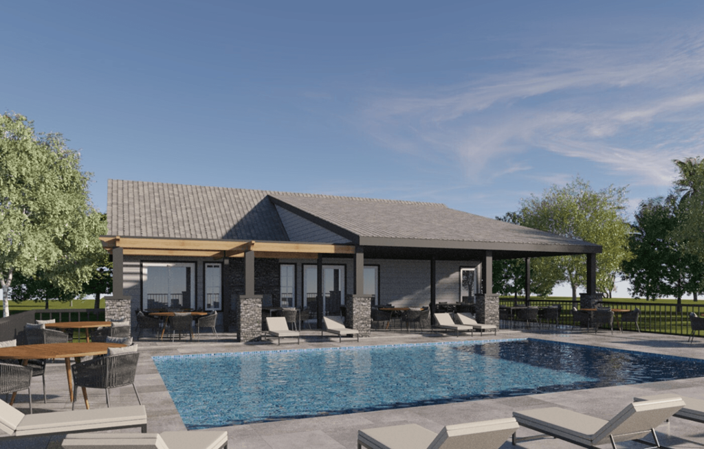 a rendering of a pool house with a large swimming pool
