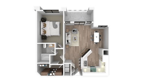 a 3d floor plan of a bedroom with a bathroom and a living room