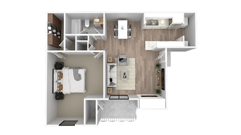 a 3d floor plan of a bedroom with a bathroom and a living room