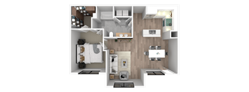 a 3d floor plan of a bedroom with a bathroom and a living room