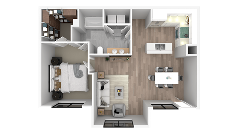 a 3d floor plan of a bedroom with a bathroom and a living room