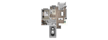 a 3d rendering of a floor plan of a house with a car