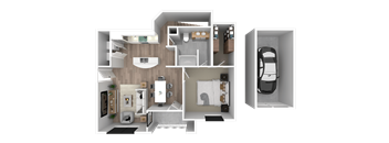 a rendering of a 3d floor plan of a house with a car
