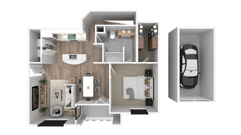 a rendering of a 3d floor plan of a house with a car
