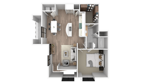 a 3d floor plan of a bedroom with a bathroom and a living room