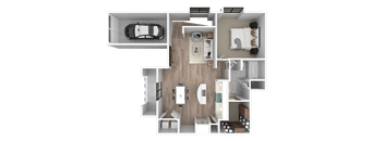 a 3d rendering of a floor plan with a car and a bedroom