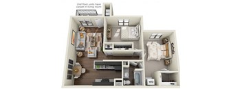 this is a 3d floor plan of a 884 square foot 1 bedroom apartment at the